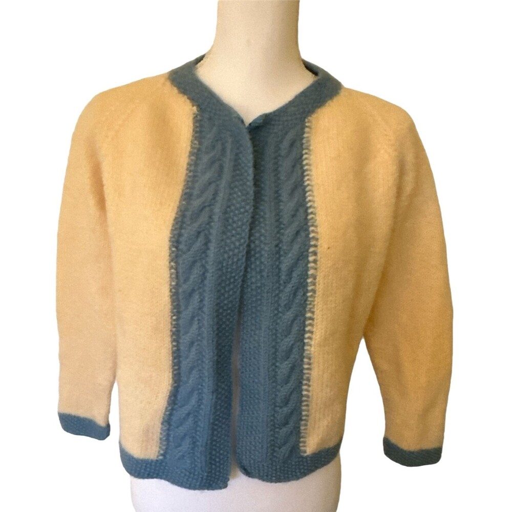 Vintage Handmade Knit  Cardigan Sweater Size S  100% Wool - Ivory & Blue